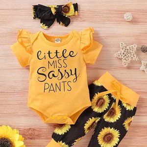 3pcs Newborn Infant "Little Miss" Print Romper Short Sleeve Flying Sleeve Round